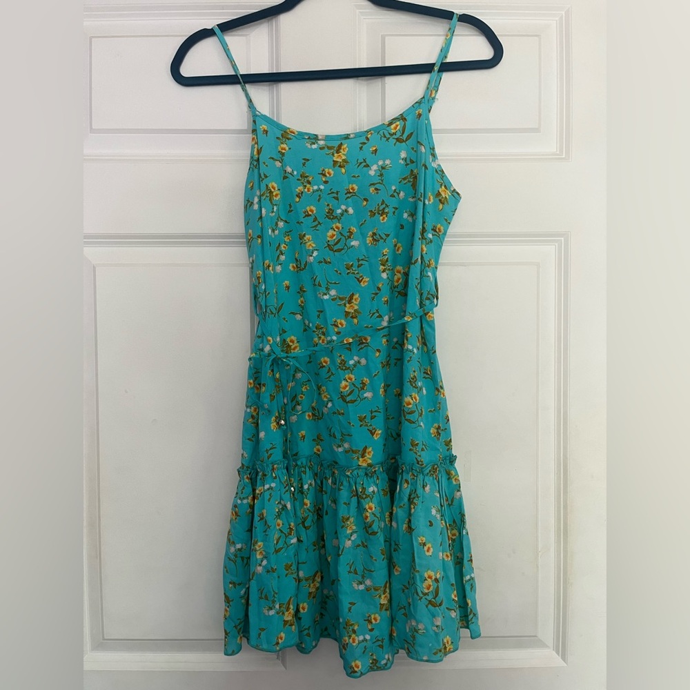 NWOT Rue 21 Blue Green Yellow Floral Spaghetti Strap Dress W/ Waistband Tie